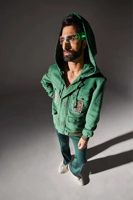 Green Suede Jacket with Metal Plate Embellishment