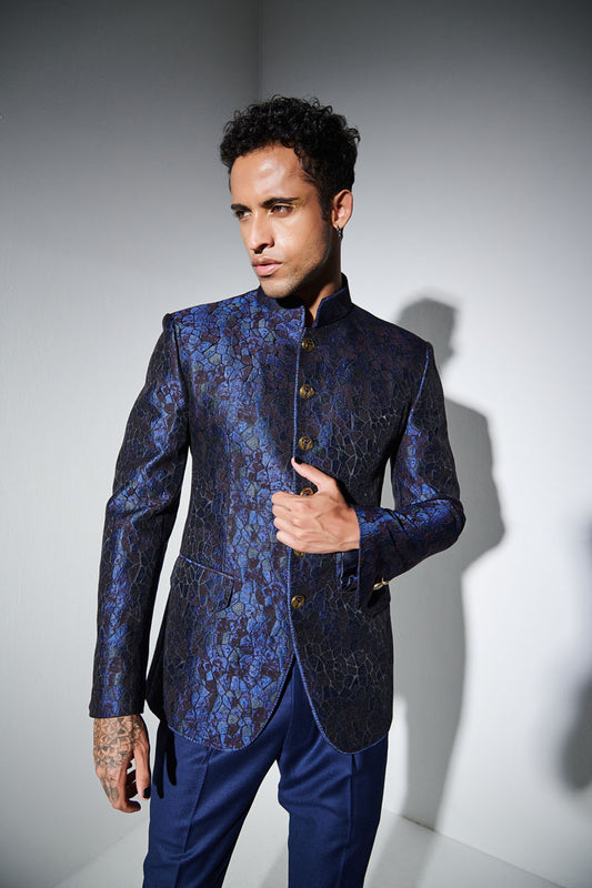 Deep Blue Textured Bandhgala In Printed Fabric With Broad Golden Buttons