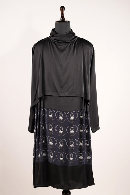 Black & Grey Silk Kurta With Printed Art Work and Drape Patch