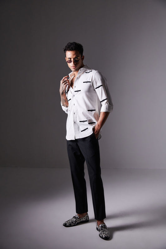 White Semi- Formal Shirt With Suede Patch Design