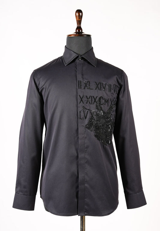 Black Cotton Shirt With Sequined Art Work Patch