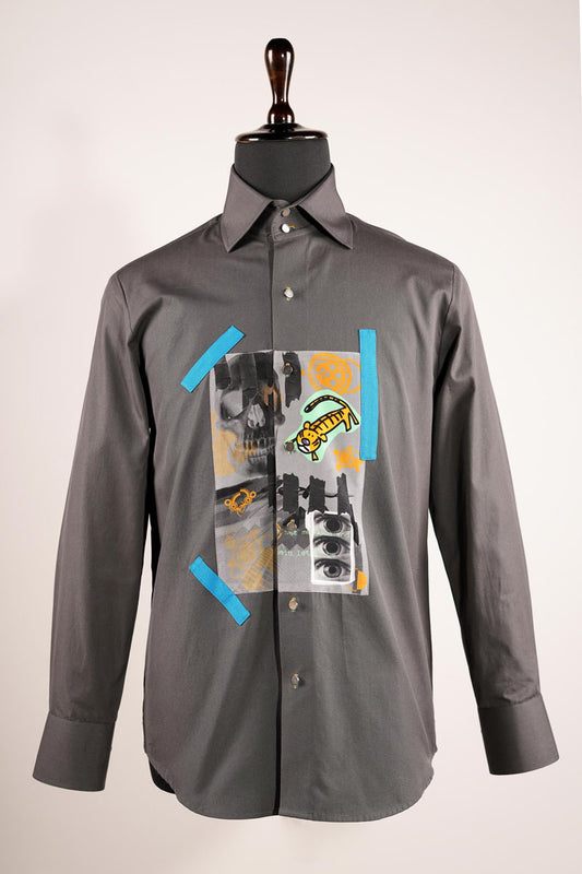 Dark Grey Shirt With Broad Printed Patch & Bold Metal Buttons