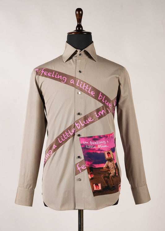 Light Brown Cotton Shirt With Broad Printed Patch & Bold Golden Buttons