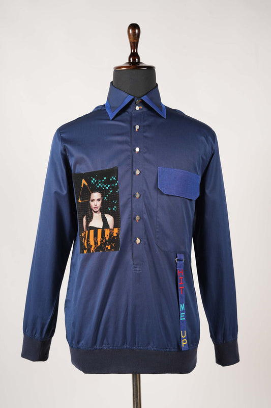 Deep Blue Casual Shirt With Side Printed Patch And Loop Embroidery