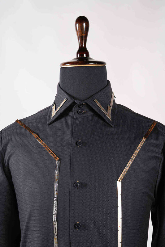 Black Embellished Shirt With Metal Stripes On Collar