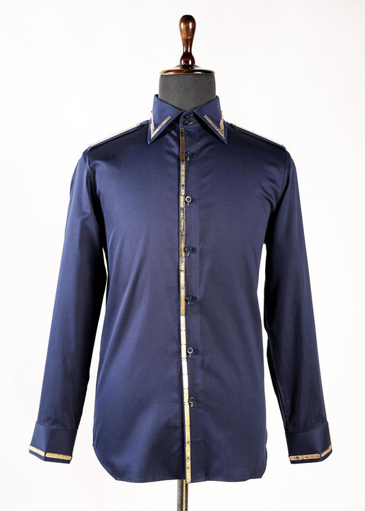 Dark Blue Embellished Shirt With Metal Stripes On Collar