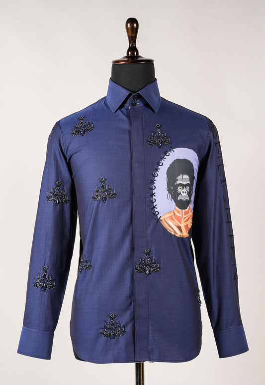 Blue Semi- Formal Shirt With Sequence Embroidery