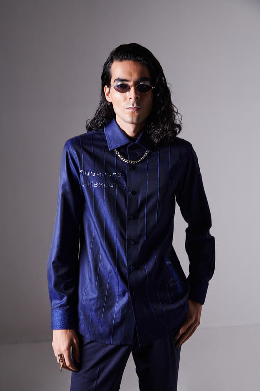 Deep Blue Semi-  Formal Striped Cotton Shirt With Hand Sequined Embroidery