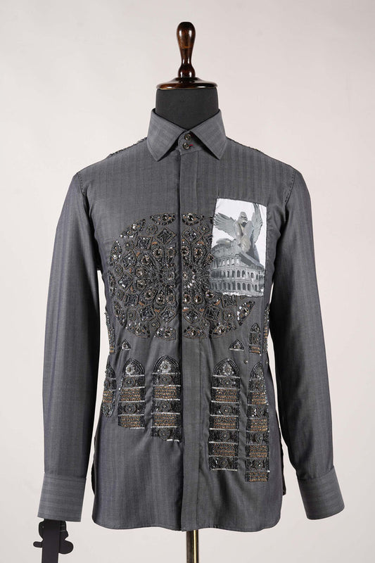 Black Semi- Formal Shirt With Sequined Embroidery And Art Work Patch